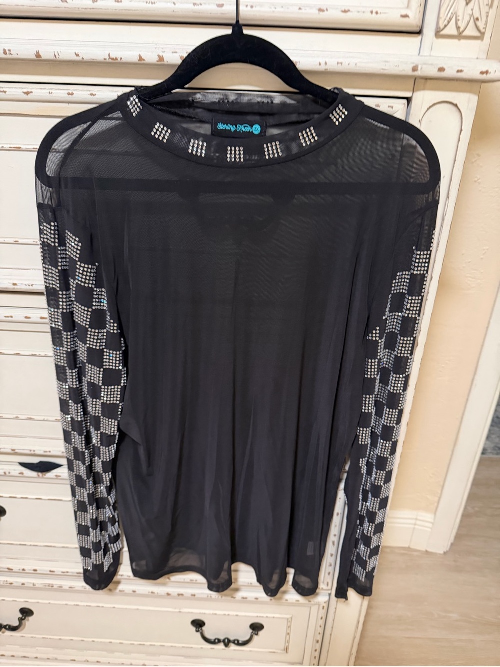 Sheer Black Long-Sleeve Womens Shirt with Studded Checker Sleeves
